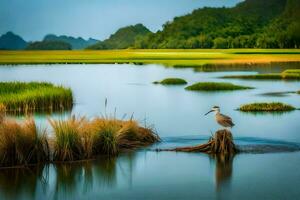 a bird sits on a stump in a lake surrounded by grass. AI-Generated photo