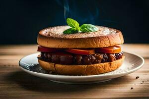 un hamburguesa con carne y vegetales en un lámina. generado por ai foto