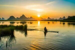 a man paddles a canoe on a river at sunset. AI-Generated photo