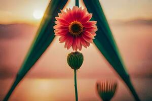 a flower is shown in front of a sun setting. AI-Generated photo