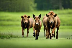 a group of brown cows walking in the grass. AI-Generated photo