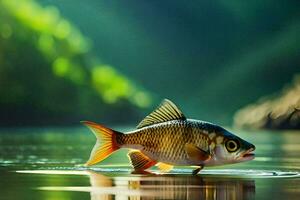 a fish is standing on the water in front of a green background. AI-Generated photo