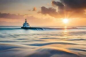 un barco en el Oceano a puesta de sol. generado por ai foto