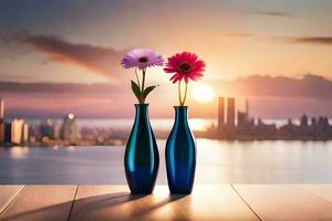 two vases with flowers on a table with a city in the background. AI-Generated photo