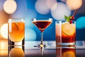 three different types of alcoholic drinks on a table. AI-Generated photo