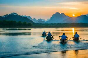 three people in canoes on the river at sunset. AI-Generated photo