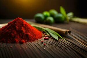 red spice powder on a wooden table. AI-Generated photo