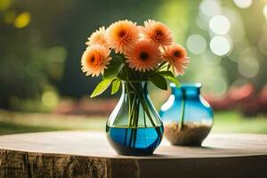 flowers in a blue vase on a table. AI-Generated photo