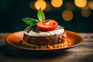 a dessert with cream and tomato on a plate. AI-Generated photo