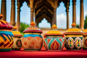 colorful pots on display in a courtyard. AI-Generated photo