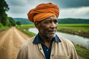 a man wearing an orange turban stands on a dirt road. AI-Generated photo