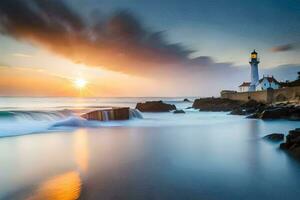 the sun rises over a lighthouse and waves crashing into the ocean. AI-Generated photo