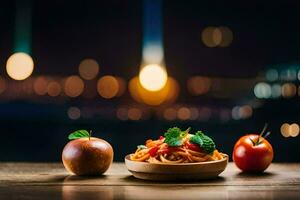 espaguetis con Tomates y albahaca en un de madera mesa. generado por ai foto