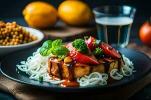 un plato de comida con fideos, Tomates y vegetales. generado por ai foto