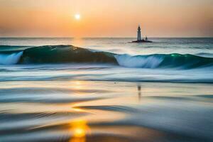 un faro es visto en el distancia como olas choque dentro el costa. generado por ai foto