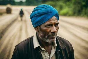 a man wearing a turban on a dirt road. AI-Generated photo