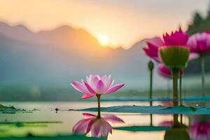 pink lotus flowers in the water with mountains in the background. AI-Generated photo