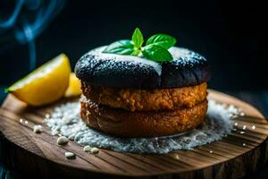 a cake with chocolate and mint on a wooden board. AI-Generated photo
