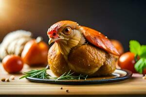 un pollo es sentado en un plato con Tomates y hierbas. generado por ai foto