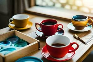 colorful cups and saucers on a table. AI-Generated photo