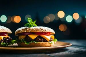 two hamburgers on a wooden plate with lights in the background. AI-Generated photo