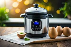 an electric pressure cooker with eggs and a knife. AI-Generated photo