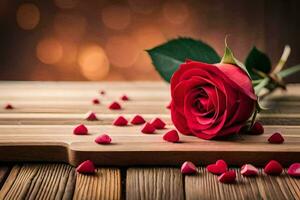 the rose is on a wooden table with hearts scattered around it. AI-Generated photo
