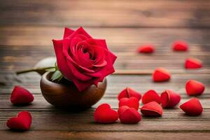 the rose is in a wooden bowl with red hearts scattered around it. AI-Generated photo