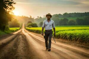 un hombre caminando abajo un suciedad la carretera con un caña. generado por ai foto