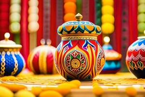 colorful decorative vases with candles on a table. AI-Generated photo
