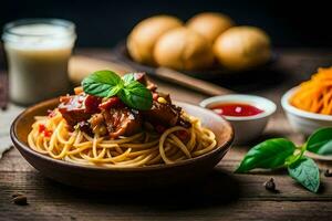 spaghetti with meat and sauce in a bowl. AI-Generated photo
