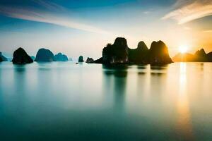 the sun sets over the water in halong bay, vietnam. AI-Generated photo