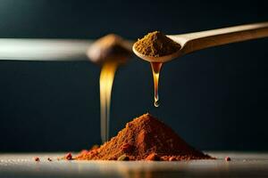 spoonful of spices being poured into a pile of spices. AI-Generated photo