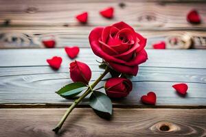 red roses on a wooden table. AI-Generated photo