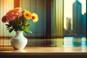 un florero con flores sentado en un mesa en frente de un ventana. generado por ai foto