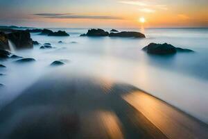 a long exposure photograph of the sun setting over the ocean. AI-Generated photo