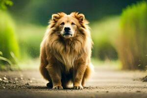 a dog is sitting on the road in the middle of a field. AI-Generated photo