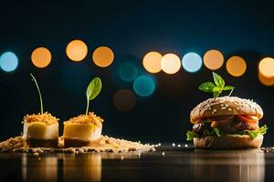 a hamburger and cheese on a table with lights in the background. AI-Generated photo