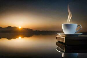 un taza de café en un de madera mesa con un lago en el antecedentes. generado por ai foto