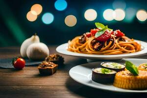 un plato de pasta y vegetales en un mesa. generado por ai foto