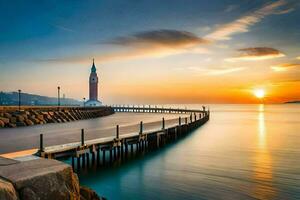 el puesta de sol terminado el muelle y reloj torre en portogruaro, Italia. generado por ai foto