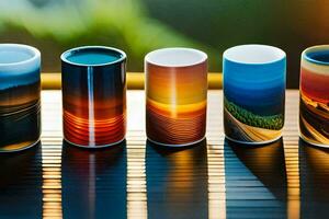 cinco diferente de colores tazas con diferente diseños generado por ai foto