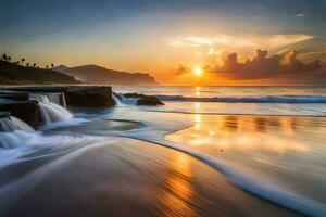 the sun rises over the ocean and waves crashing into the shore. AI-Generated photo