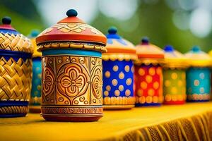 colorful ceramic jars lined up on a table. AI-Generated photo