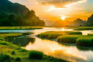 the sun sets over a river and grassy field. AI-Generated photo