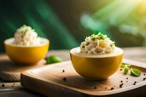 two bowls of ice cream with herbs on a wooden table. AI-Generated photo