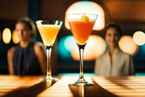 two cocktails sit on a bar with two women in the background. AI-Generated photo
