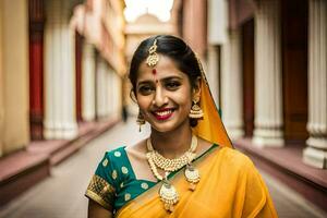 a woman in a yellow sari and gold jewelry. AI-Generated photo