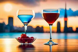 two glasses of wine with fruit on a table in front of a city skyline. AI-Generated photo