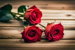 two red roses on a wooden table. AI-Generated photo